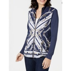 Charter club NWT Slate Blue Equestrian Print Zip Up Jacket Size Petite Medium